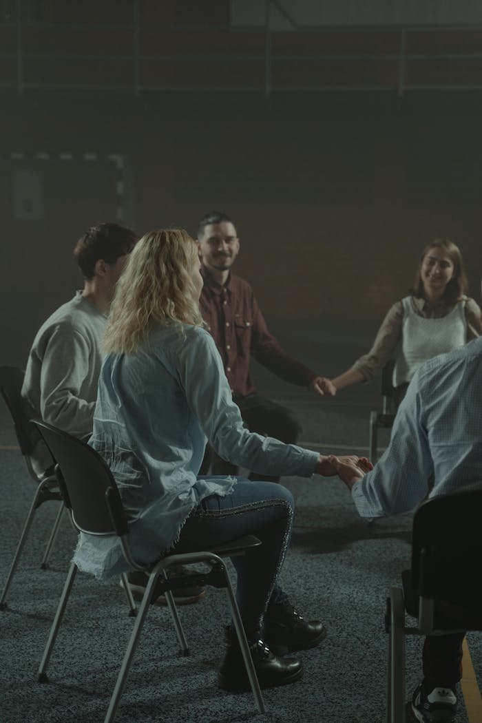 why-choose-us A small group of adults holding hands during a support group session in a dimly lit room.